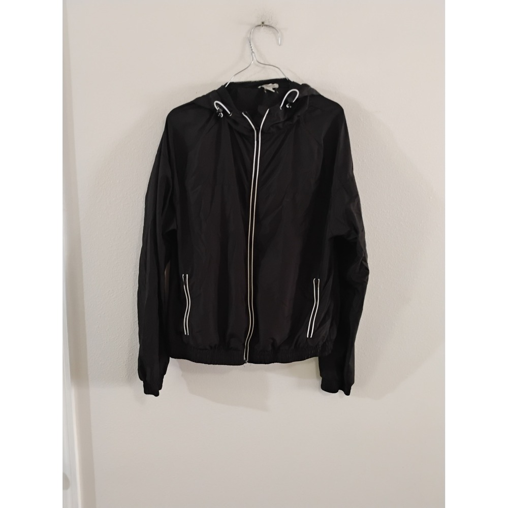 Forever 21 Womens Black Full Zip Hooded Windbreaker Jacket White Trim Large